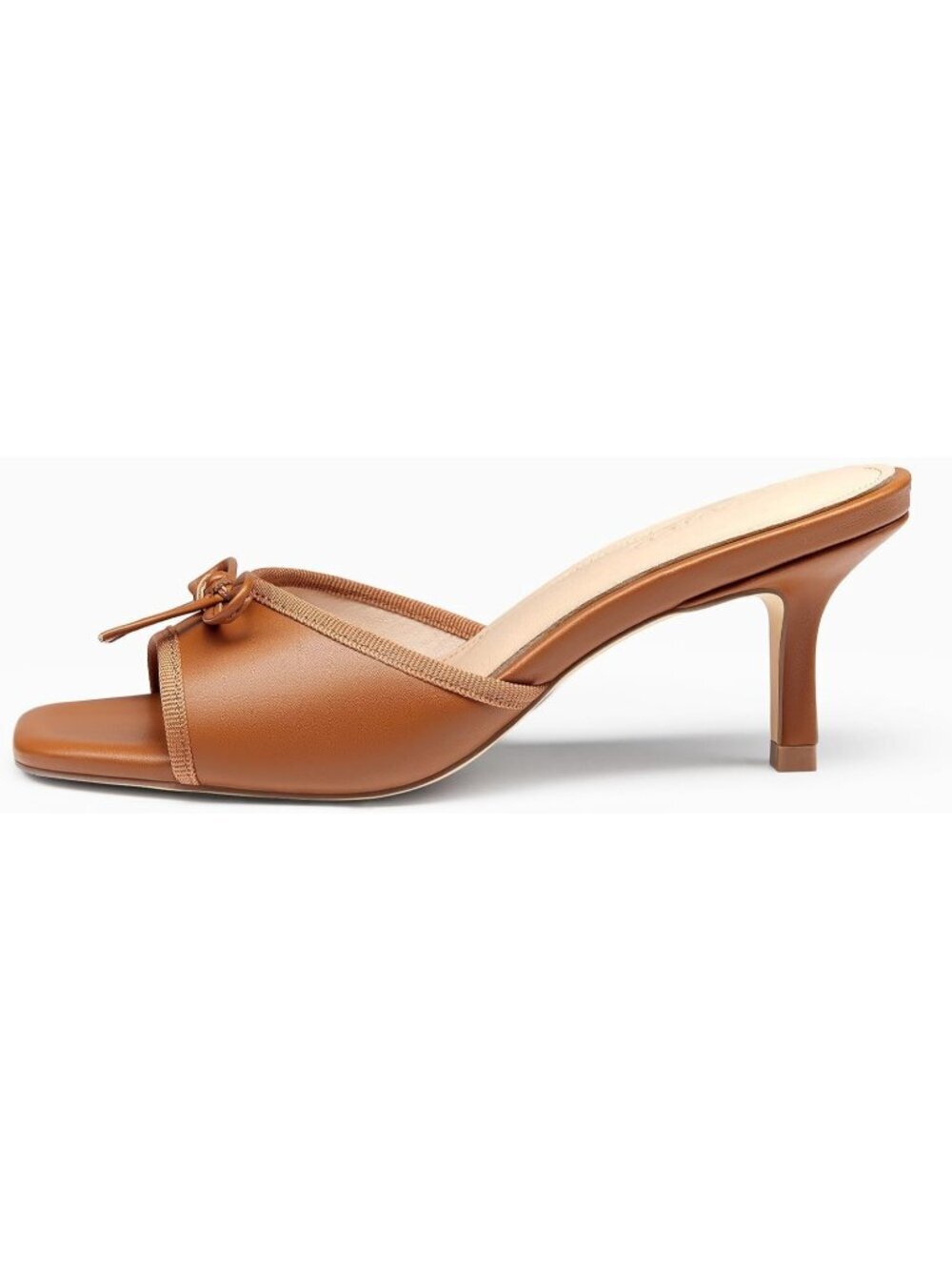 Women's Bow Mules Heels Kitten Heel Slide Brown Sandals Square Toe Shoes - Picture 4 of 5